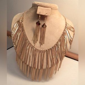 Lovely Gold-Tone Metal Chain Fringe Statement Necklace & Dangle Earrings Set